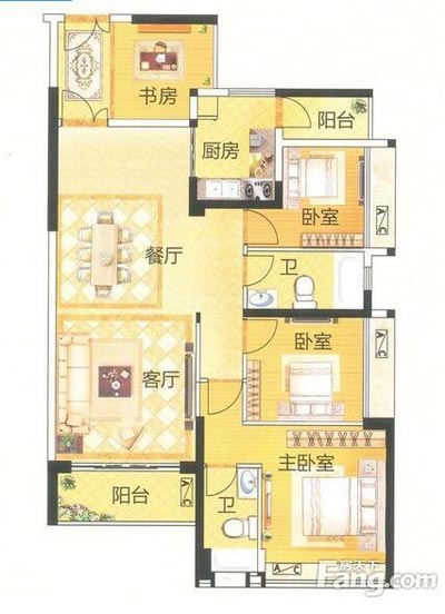 本单元的设计整体色调采用的是木色，不仅沿用了中式的端庄典雅，同时加入一些时尚的元素，让整个空间多了现代的时尚感觉，却不失中式的端庄。